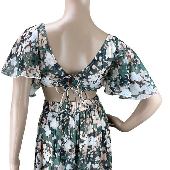 New ASOS Design Green Peach Blurred Floral Print Tie Front Cutout Midi Dress 8 - Picture 10 of 11